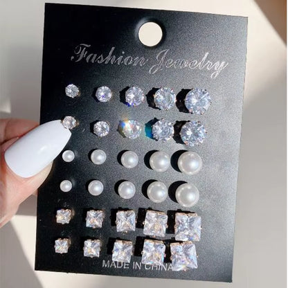 15 Pcs of Earrings Simple Basic Geometric Type Sixclaw Crystal Zircon Earrings Set Retro Temperament Fake-Pearl Earrings
