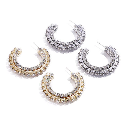 INS Baroque Rhinestone C-Shaped Semicircle Hoop Earrings Statement Jewelry for Women Shiny Crystal Stacked round Circle Earrings