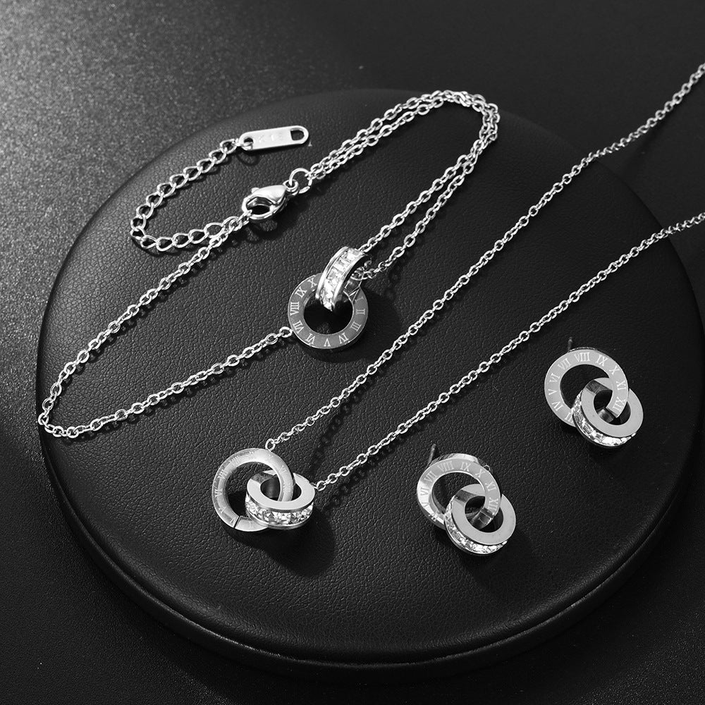 Roman Double Ring Titanium Steel Jewelry Set