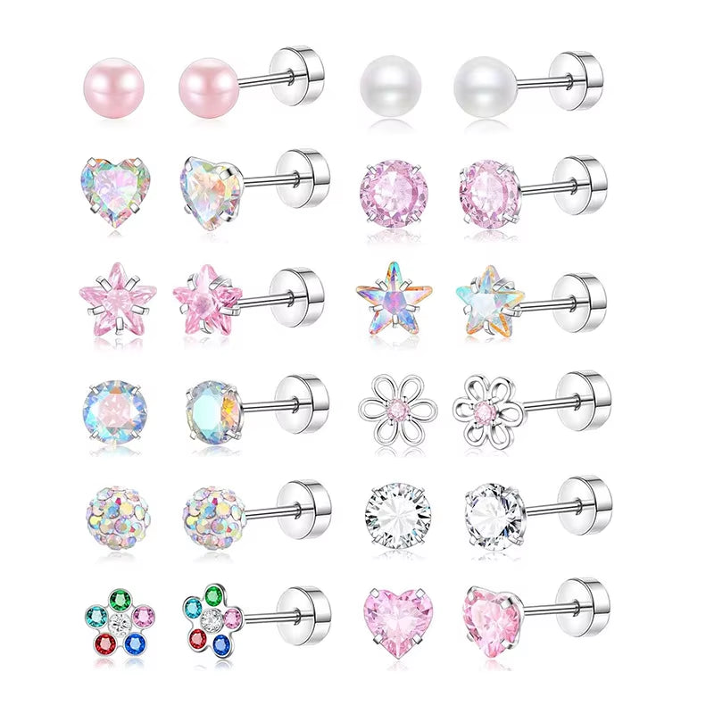 12 Pairs Stainless Steel Earrings Sets Hypoallergenic Screw Back Stud Earrings Cute Heart Tiny Pink Stud Earrings for Women Girl