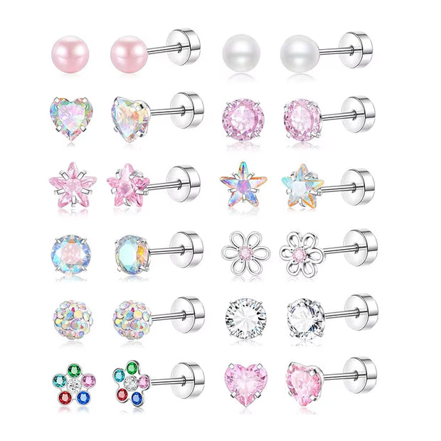 12 Pairs Stainless Steel Earrings Sets Hypoallergenic Screw Back Stud Earrings Cute Heart Tiny Pink Stud Earrings for Women Girl
