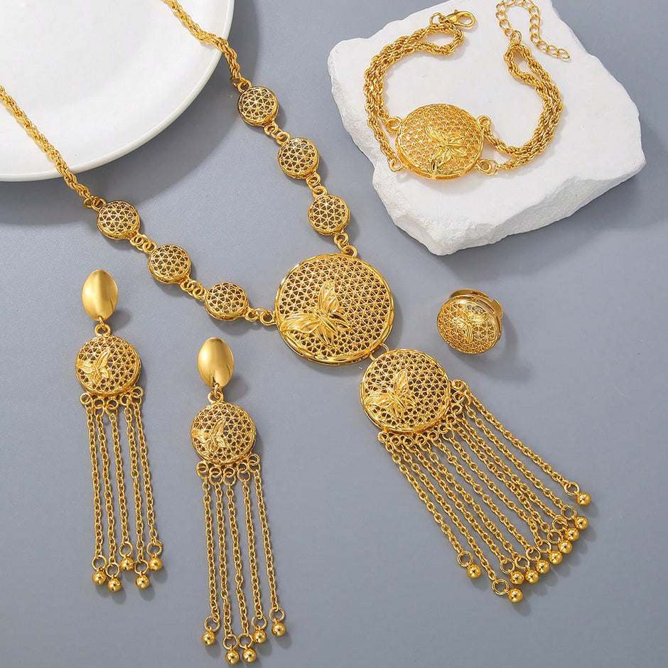 1 Set of Fashionable and Gorgeous Butterfly Middle East Set, Wedding Decoration Necklace, Earrings, Bracelets, Ring Set for Women