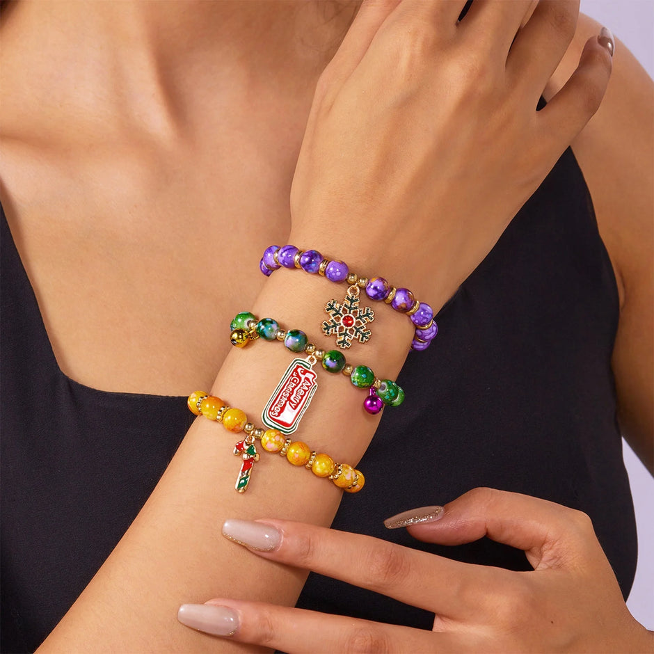 Jilgteok Christmas Bracelet T Santa Claus Snowflake Christmas Tree Beaded Stretch Bracelet Multicolor Jingle Bell Reindeer Charm Bracelets for Women Girls Kids Xmas Holiday Costume Jewelry(3Pcs)