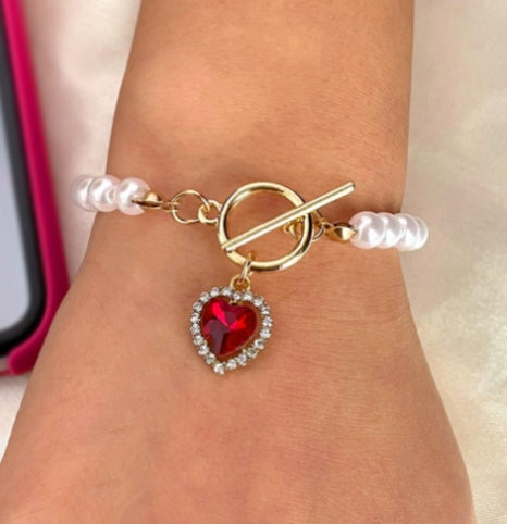 Red Crystal Heart & Pearl Bracelet