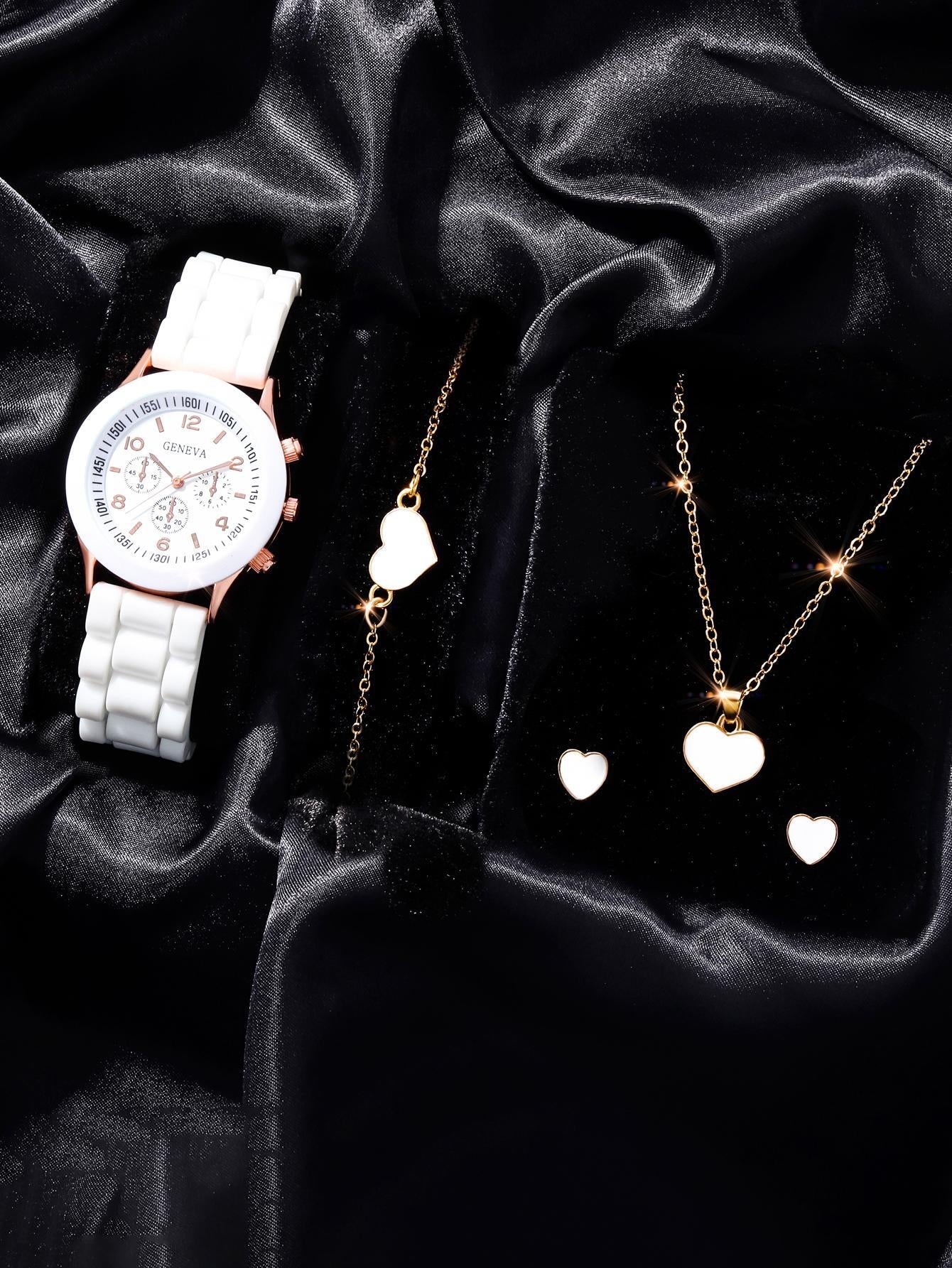 5Pcs Cute White Silicone Watch Girls Quartz Watch Necklace Bracelet Earrings Jewelry Jewelry Set Halloween Gift Christmas Gift Friends the Best Choice