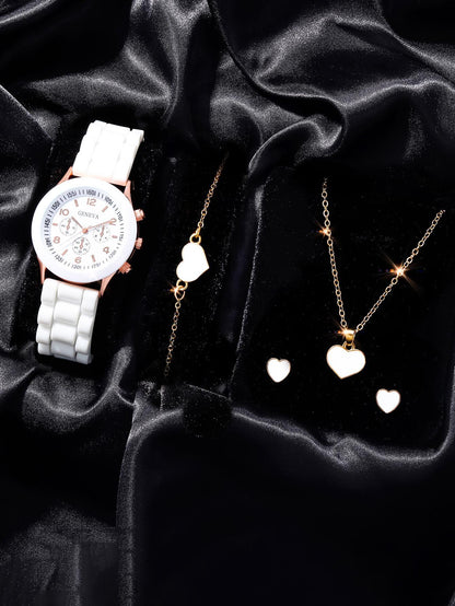 5Pcs Cute White Silicone Watch Girls Quartz Watch Necklace Bracelet Earrings Jewelry Jewelry Set Halloween Gift Christmas Gift Friends the Best Choice