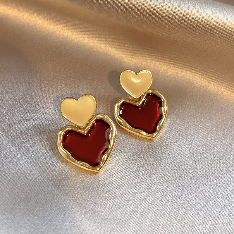 Wine Red Heart Drop Earrings