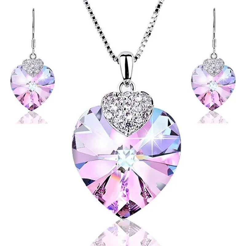 Fashion 925 Silver Heart Shape Crystal Hook Earrings Zircon Pendant Necklace Gift for Lady CZ Women Charm Anniversary Gift Birthday Party Jewelry Bridal Engagement Wedding Jewelry Gift