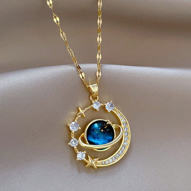 1Pc Luxury Rhinestone Starry Sky & Planet Pendant Necklace, Elegant Clavicle Necklace for Women, Suitable for Daily Wear, Party, Birthday, Wedding, Beach, Gift for Girlfriend/Wife