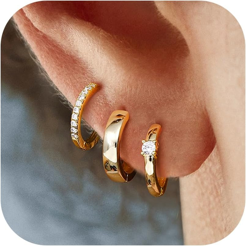 3 Pairs Gold Hoop Earrings Set for Women 14K Gold Filled Small Huggie Hoop Earri