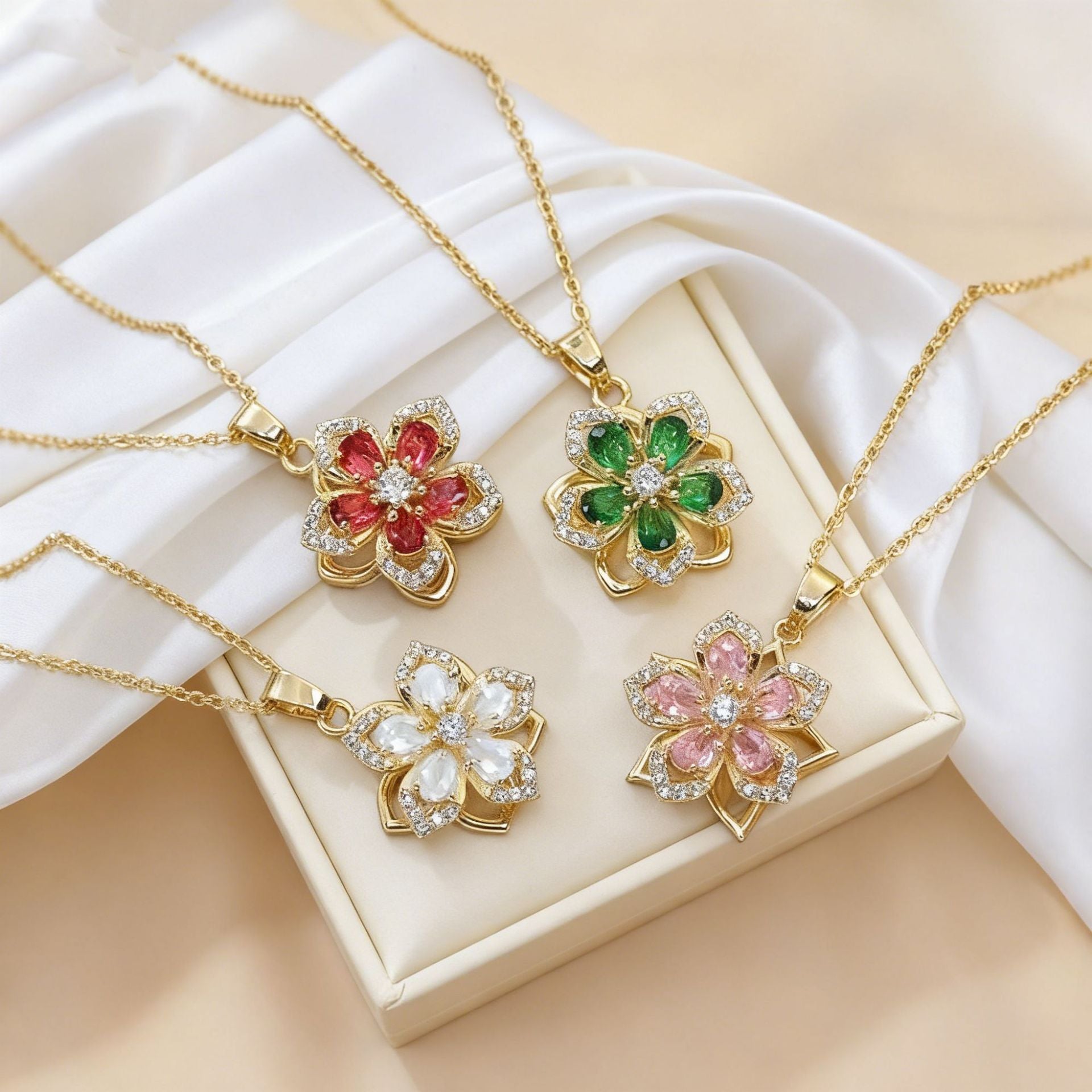 Rotating Rhinestone Flower Necklace