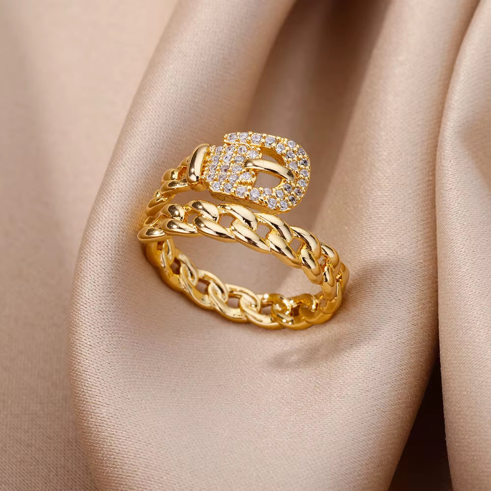 Zircon Rings for Women 18K Gold Color Jewelry Stainless Steel Fashion Accessories Irregular Flower Love Adjustable Couple Rings