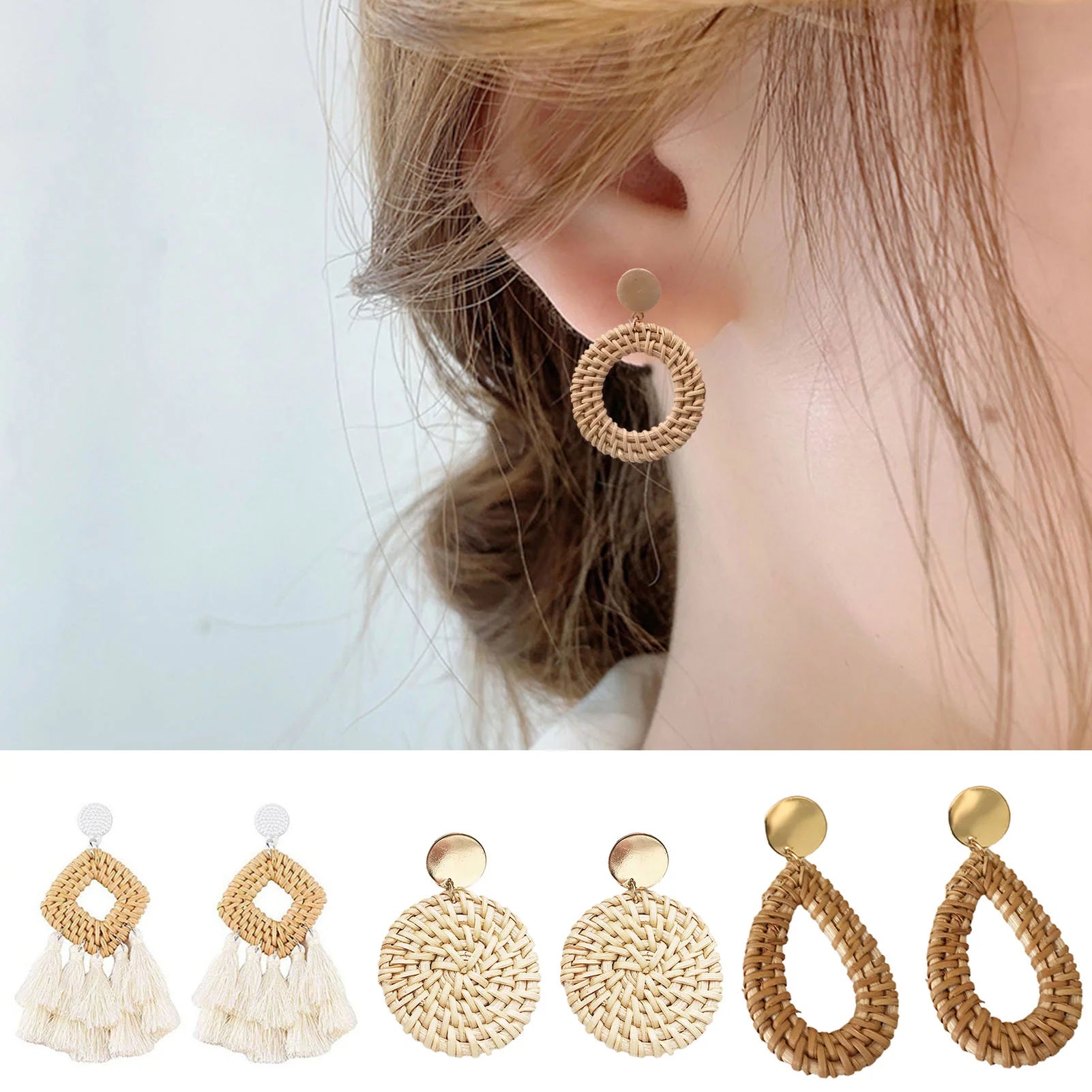 4 Pairs Rattan Earrings Geometric Handmade Braided Women Bohemian Tassel Earrings for Dating Wood Yellow