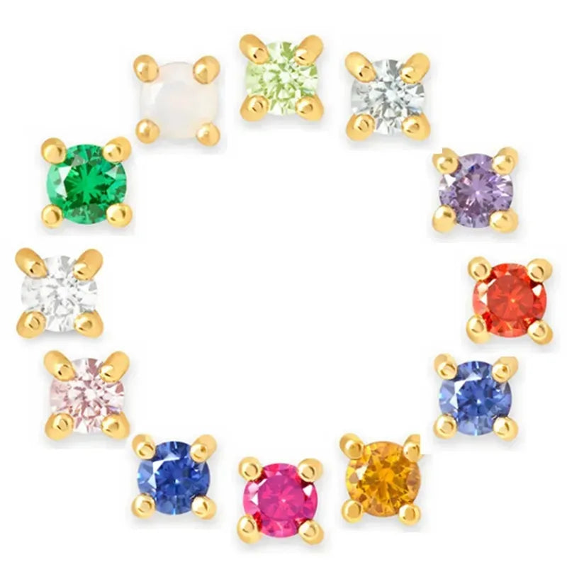 18K Gold Plated 925 Silver Birthstone Stud Earrings - Mini Colored Zircon