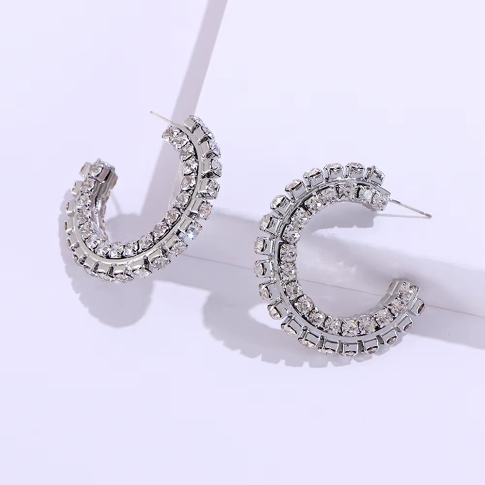 INS Baroque Rhinestone C-Shaped Semicircle Hoop Earrings Statement Jewelry for Women Shiny Crystal Stacked round Circle Earrings