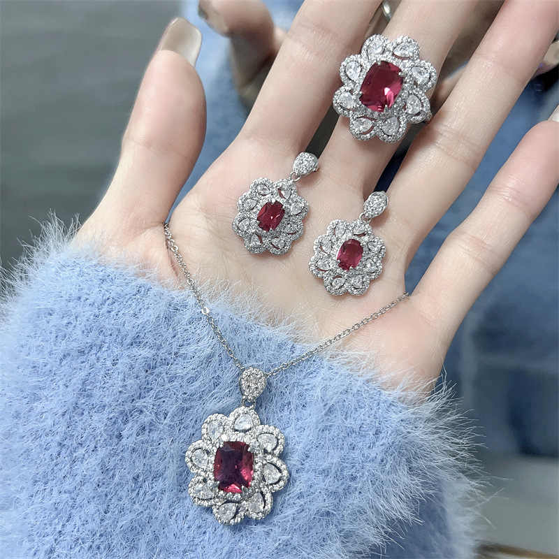 Ruby Jewelry Set - Necklace, Ring & Stud Earrings