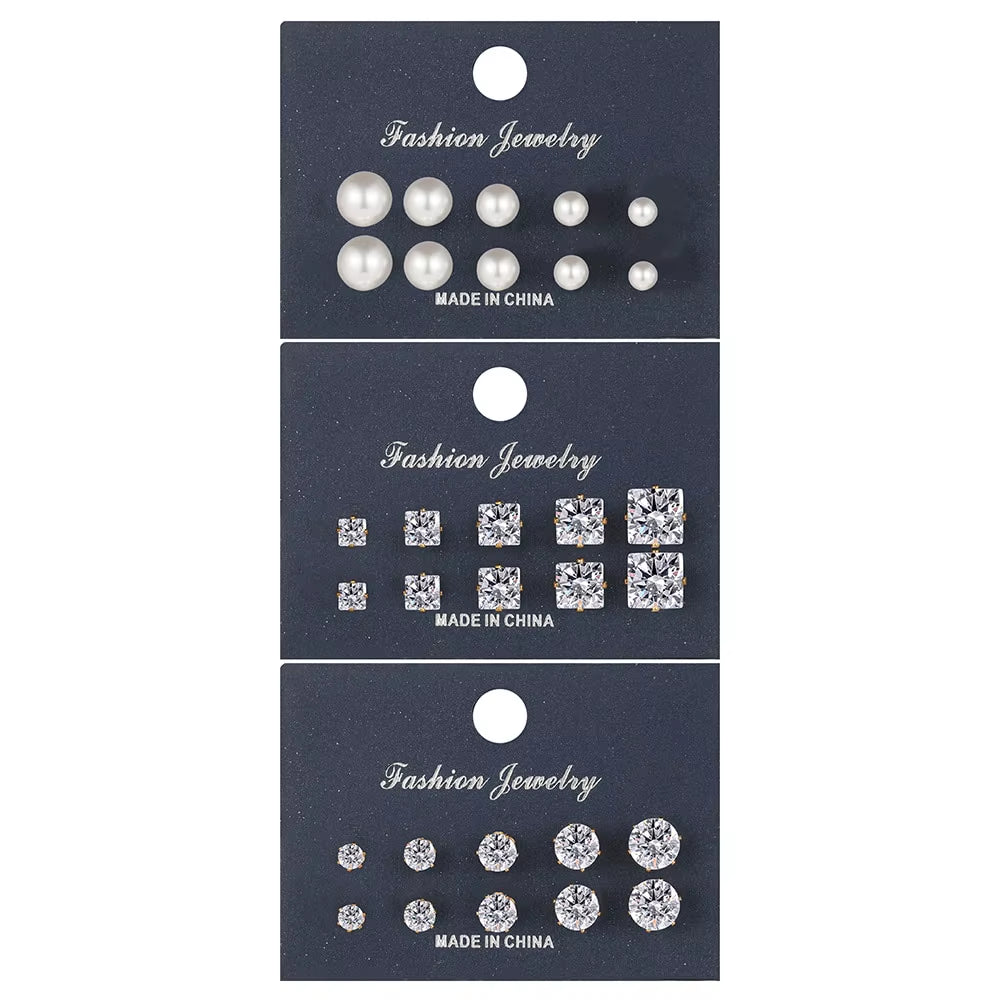 15 Pcs of Earrings Simple Basic Geometric Type Sixclaw Crystal Zircon Earrings Set Retro Temperament Fake-Pearl Earrings