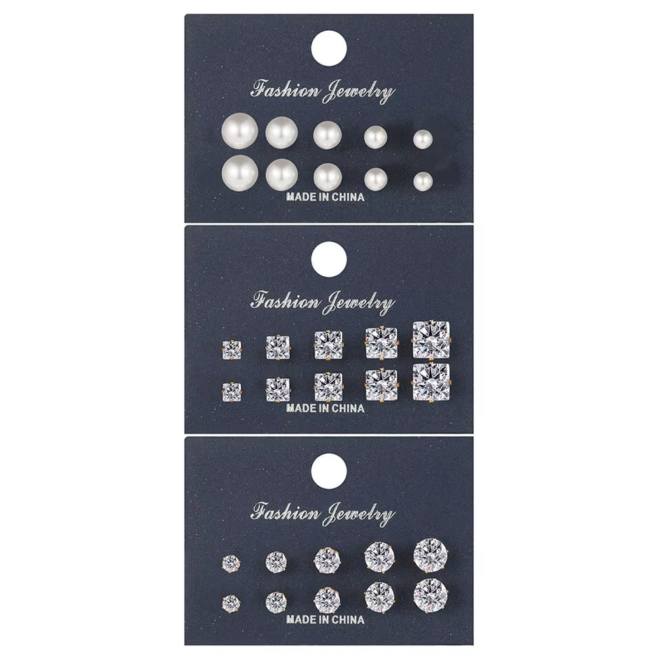 15 Pcs of Earrings Simple Basic Geometric Type Sixclaw Crystal Zircon Earrings Set Retro Temperament Fake-Pearl Earrings