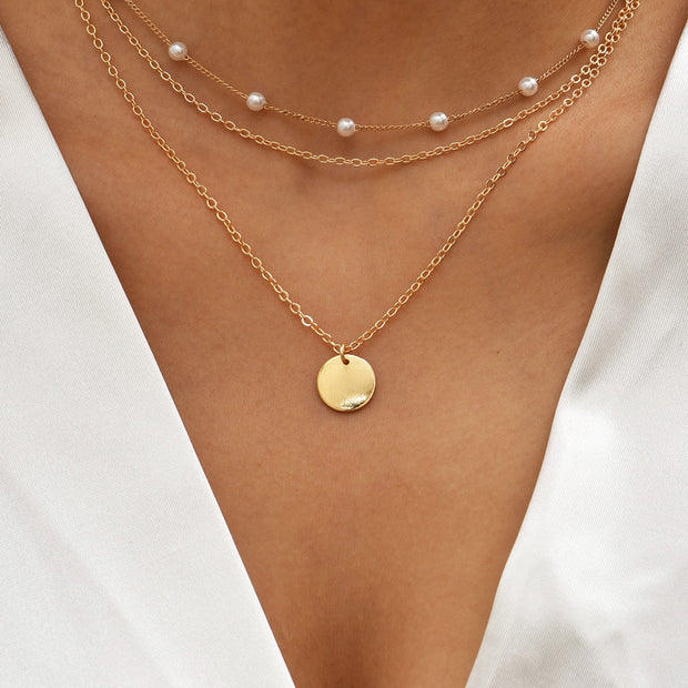 2Pcs Multi-Layer Faux Pearl round Disc Necklace (Random Pearl Quantity, Not Fixed)