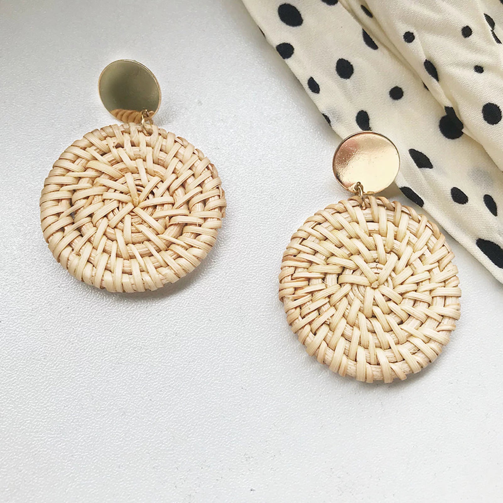 4 Pairs Rattan Earrings Geometric Handmade Braided Women Bohemian Tassel Earrings for Dating Wood Yellow