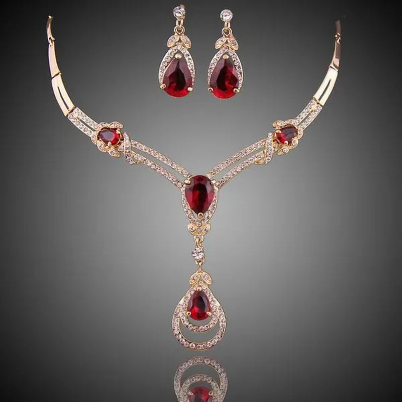 HOT Sale RED Garnet Ruby Topaz 18K Yellow/White Gold Plated Crystal Water Drop Necklace Earring Jewelry Set
