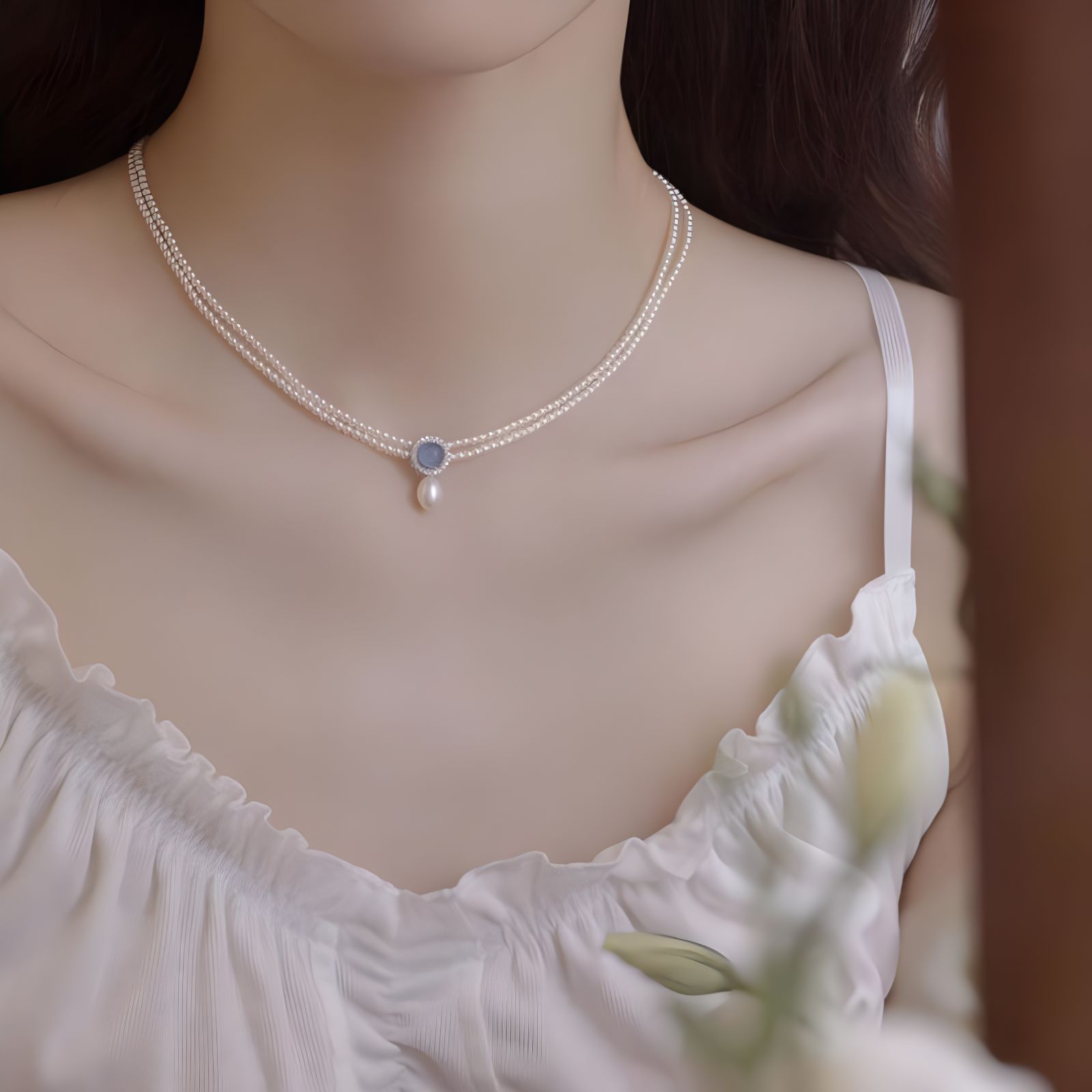 Aquamarine & Freshwater Pearl Crown Necklace