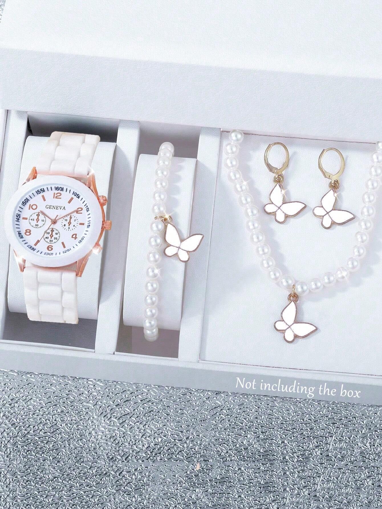 5Pcs Cute White Silicone Watch Girls Quartz Watch Necklace Bracelet Earrings Jewelry Jewelry Set Halloween Gift Christmas Gift Friends the Best Choice
