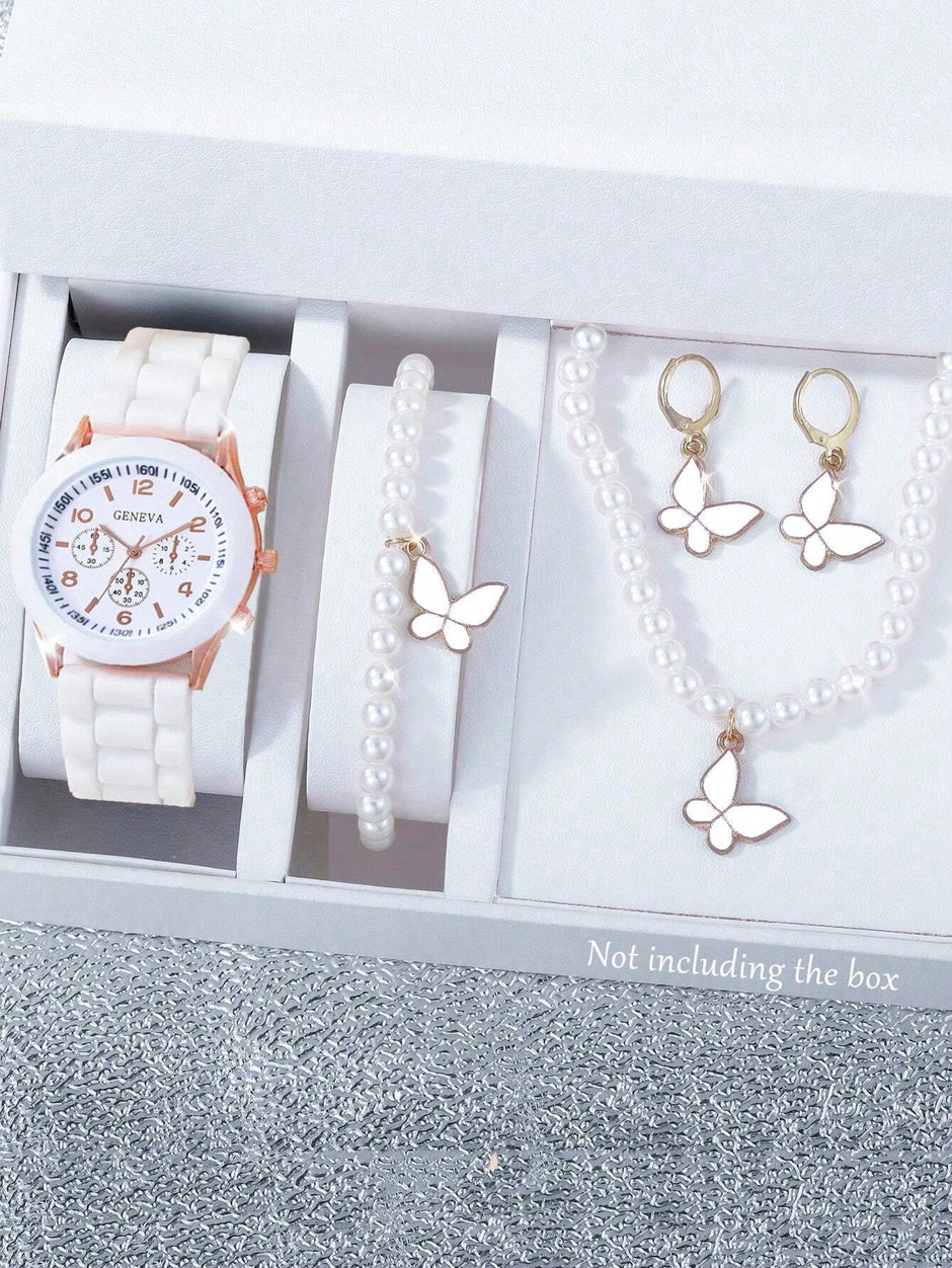 5Pcs Cute White Silicone Watch Girls Quartz Watch Necklace Bracelet Earrings Jewelry Jewelry Set Halloween Gift Christmas Gift Friends the Best Choice