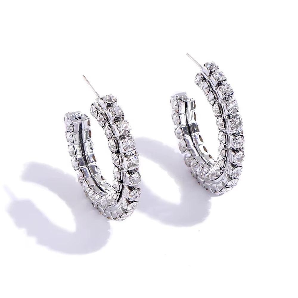 INS Baroque Rhinestone C-Shaped Semicircle Hoop Earrings Statement Jewelry for Women Shiny Crystal Stacked round Circle Earrings