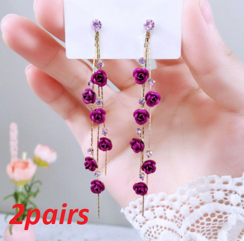 Flower Long Earrings Wild Red Rose Flower Long Rhinestone Tassel Earrings Earrings