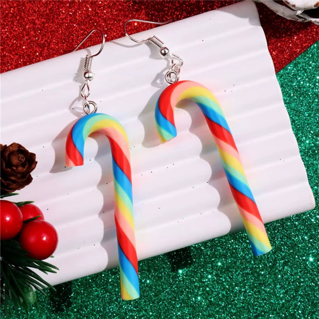 Colorful Stripes Christmas Earrings Santa Jewelly Candy Cane Christmas Pendant Earrings Simple Style Christmas Hook Earrings