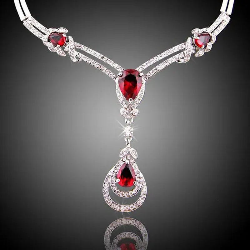 HOT Sale RED Garnet Ruby Topaz 18K Yellow/White Gold Plated Crystal Water Drop Necklace Earring Jewelry Set
