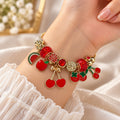 1pc Cute Red Cherry Fruit Charm Bracelet Gold Snake Chain Enamel Strawberry Watermelon Faux Crystal Christmas Jewelry Gift Women