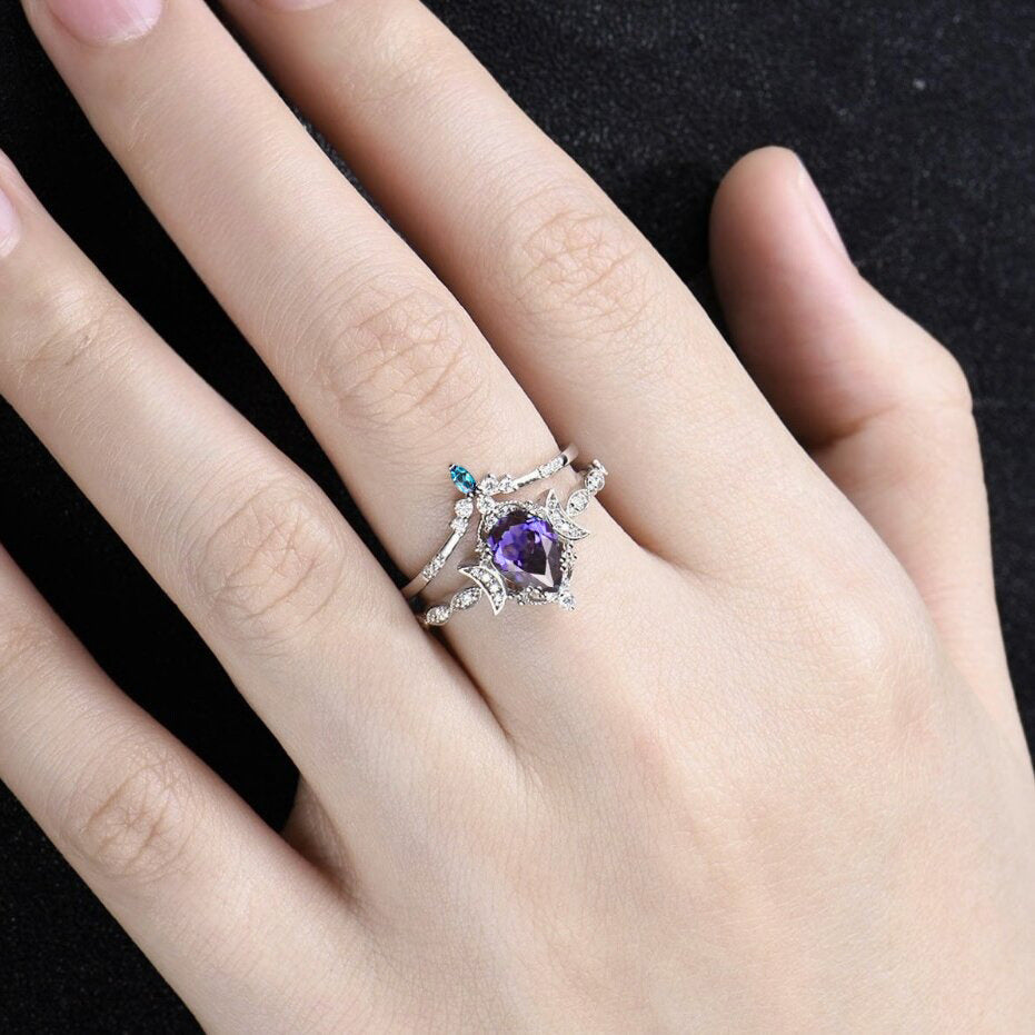 Purple Crystal Water Drop Ring Set