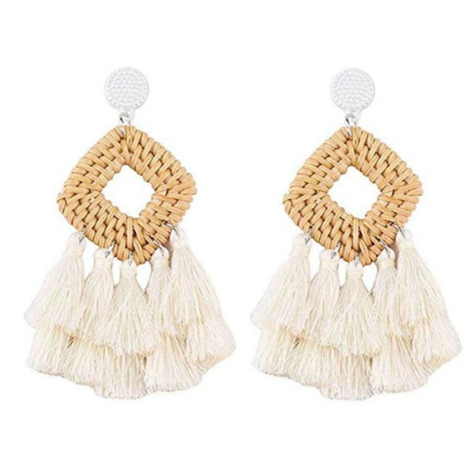4 Pairs Rattan Earrings Geometric Handmade Braided Women Bohemian Tassel Earrings for Dating Wood Yellow