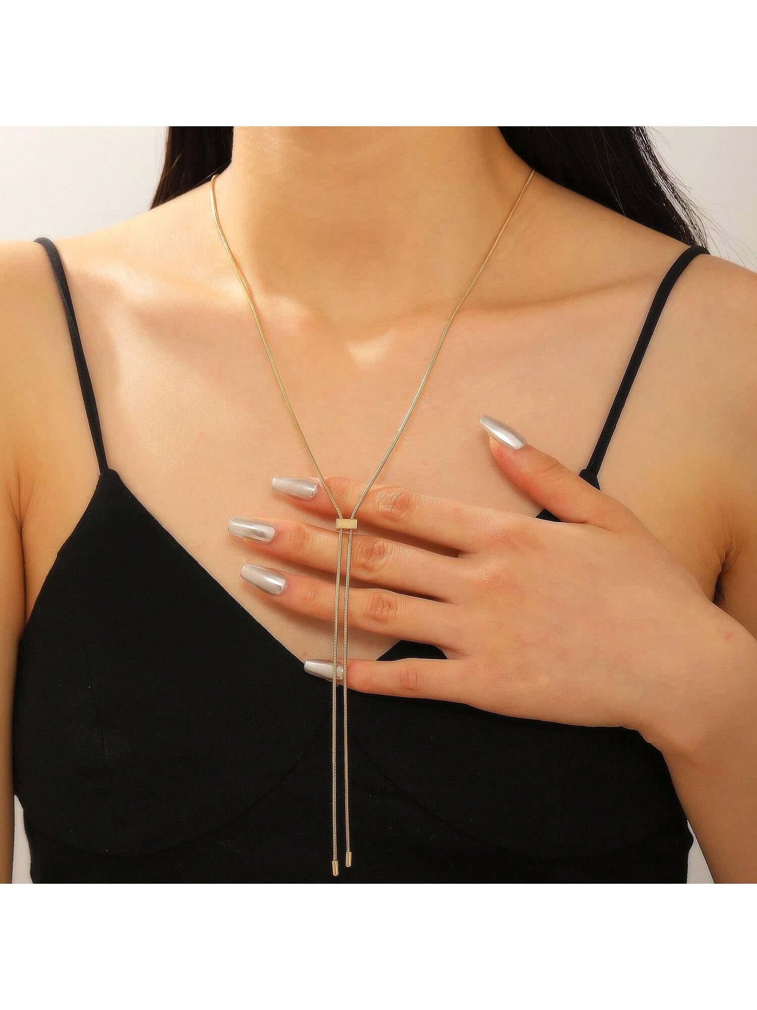 1Pc Geometric Charm Y Lariat Necklace, Stainless Steel Jewelry