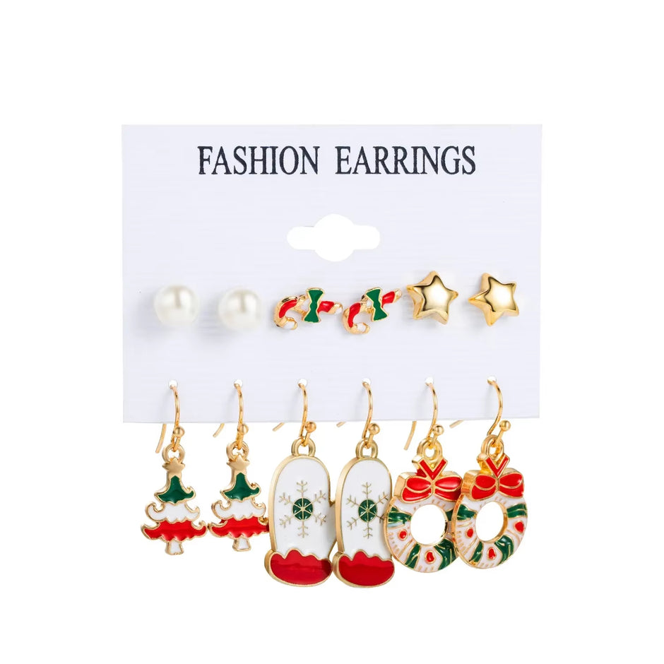Fashion Cartoon Christmas Earring Set Female Snowflake Tree Snowman Bell Earring Fashion Christmas Ball Earring Jewelry Gifts