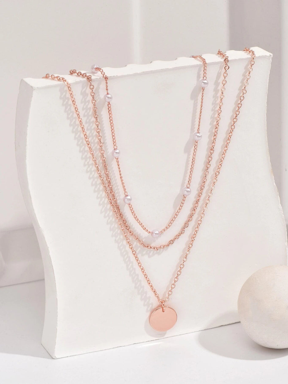 2Pcs Multi-Layer Faux Pearl round Disc Necklace (Random Pearl Quantity, Not Fixed)
