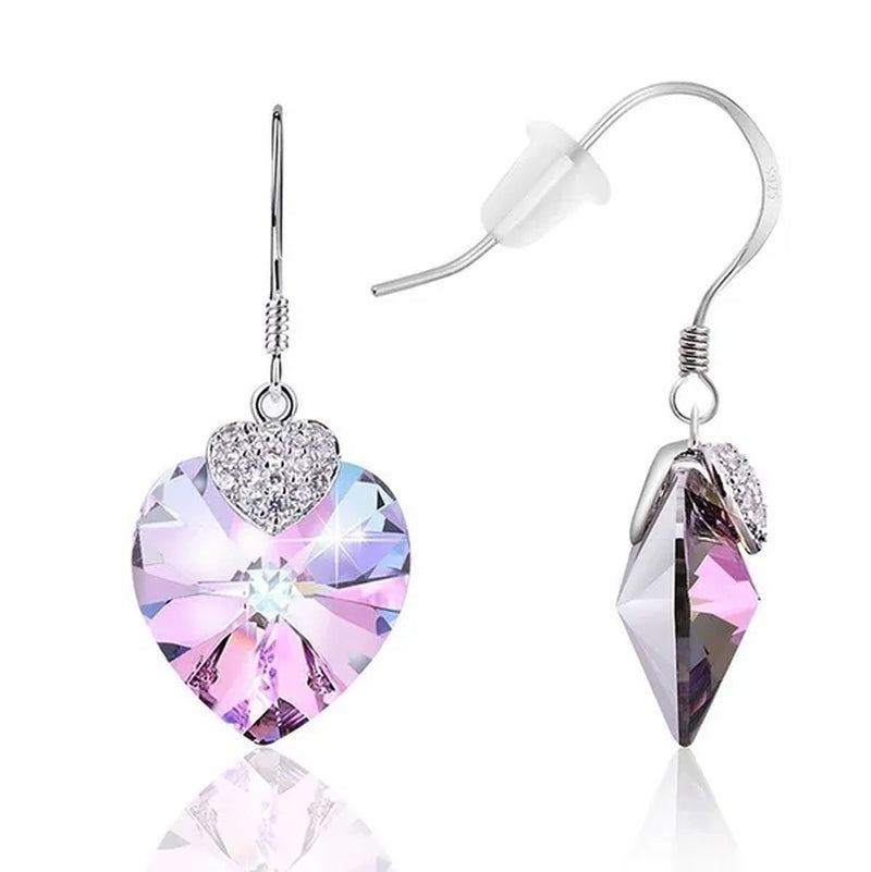 Fashion 925 Silver Heart Shape Crystal Hook Earrings Zircon Pendant Necklace Gift for Lady CZ Women Charm Anniversary Gift Birthday Party Jewelry Bridal Engagement Wedding Jewelry Gift