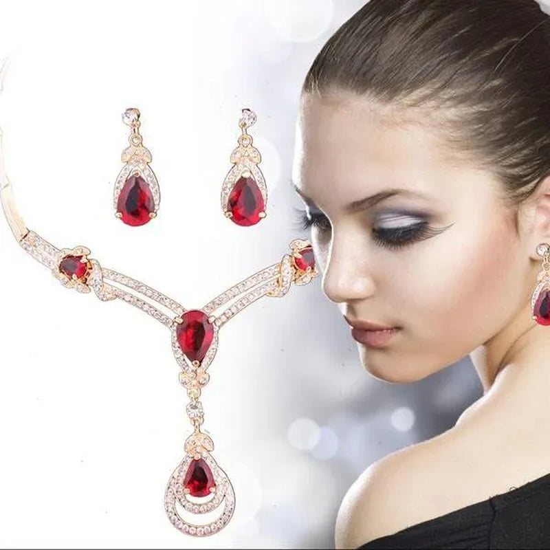 HOT Sale RED Garnet Ruby Topaz 18K Yellow/White Gold Plated Crystal Water Drop Necklace Earring Jewelry Set