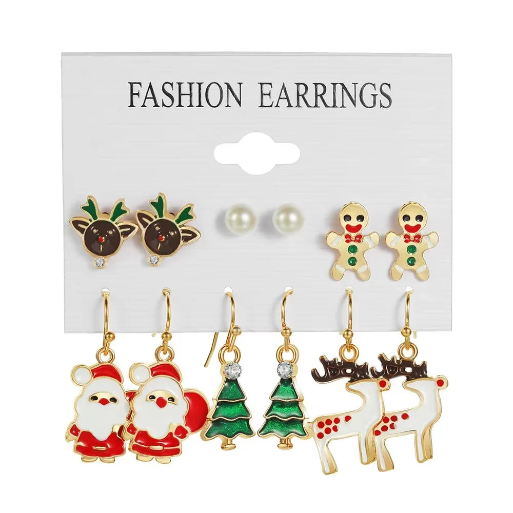 Fashion Cartoon Christmas Earring Set Female Snowflake Tree Snowman Bell Earring Fashion Christmas Ball Earring Jewelry Gifts