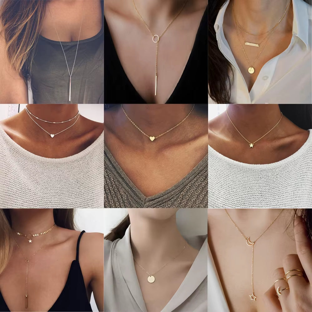 Bohemian Tiny Heart Star Necklace for Women Short Chain Coin Bar Moon Pendant Necklace Gift Choker Necklace