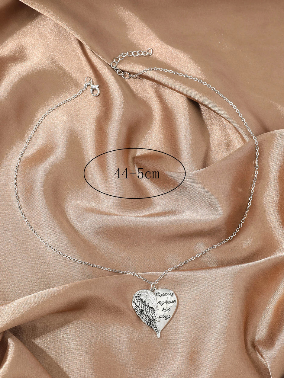 Slogan Detail Wing & Heart Charm Necklace