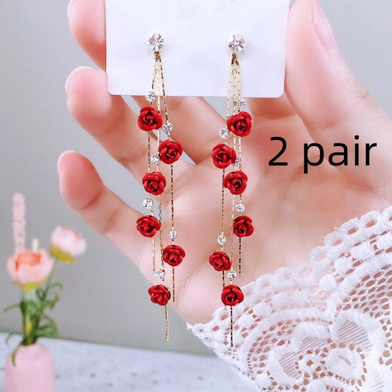Wild Rose Rhinestone Tassel Earrings