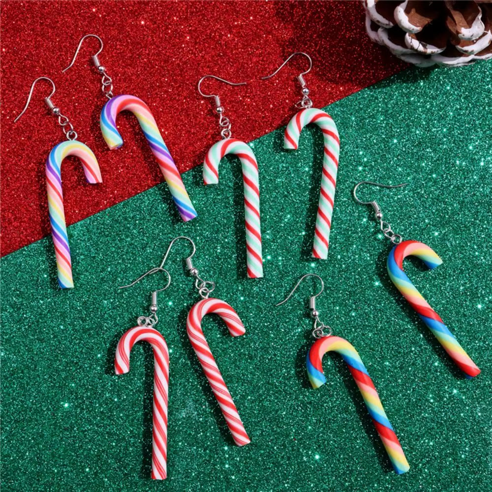 Colorful Stripes Christmas Earrings Santa Jewelly Candy Cane Christmas Pendant Earrings Simple Style Christmas Hook Earrings