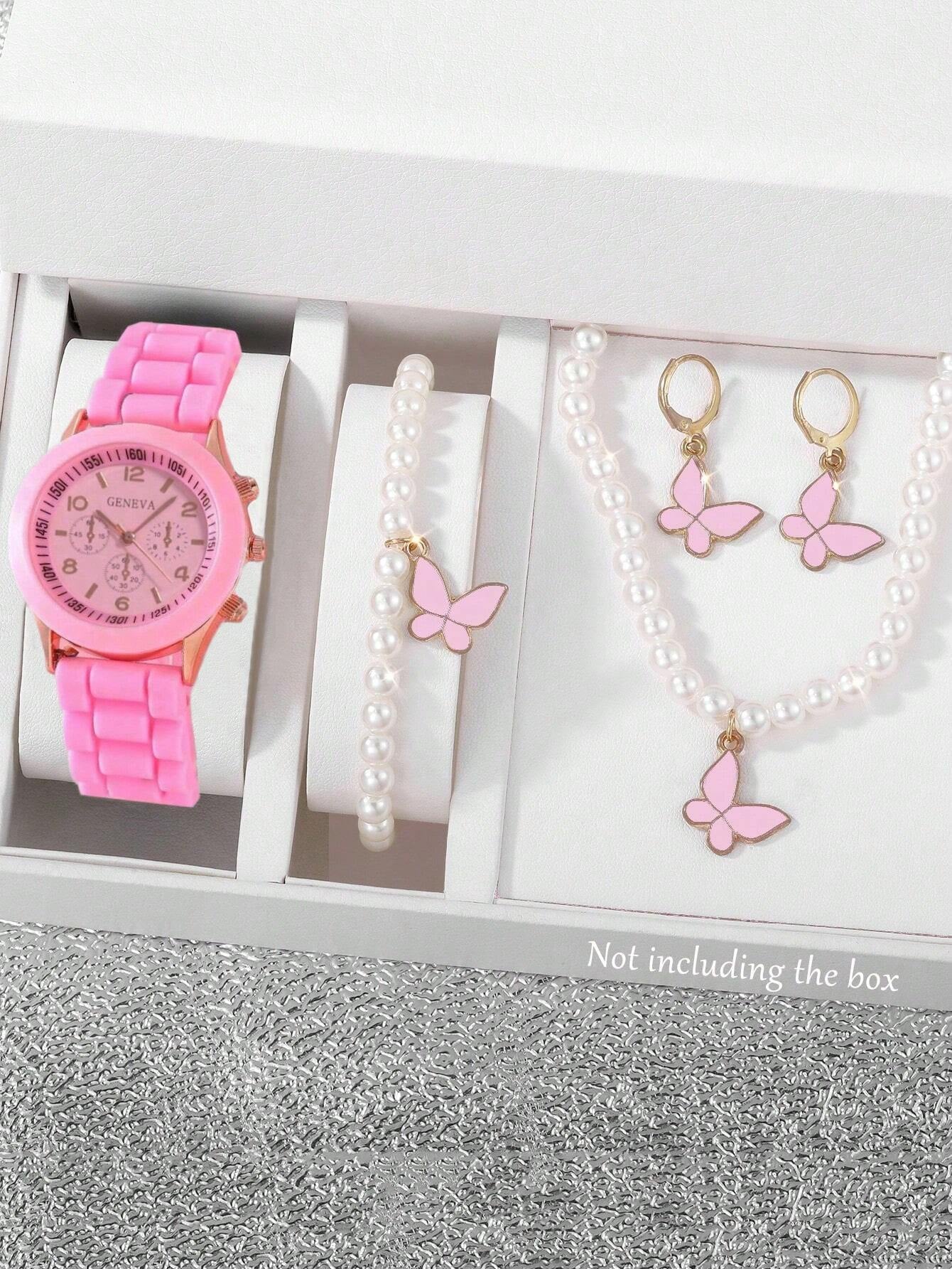 5Pcs Cute White Silicone Watch Girls Quartz Watch Necklace Bracelet Earrings Jewelry Jewelry Set Halloween Gift Christmas Gift Friends the Best Choice