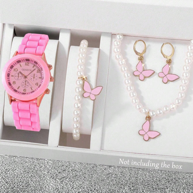 5Pcs Cute White Silicone Watch Girls Quartz Watch Necklace Bracelet Earrings Jewelry Jewelry Set Halloween Gift Christmas Gift Friends the Best Choice