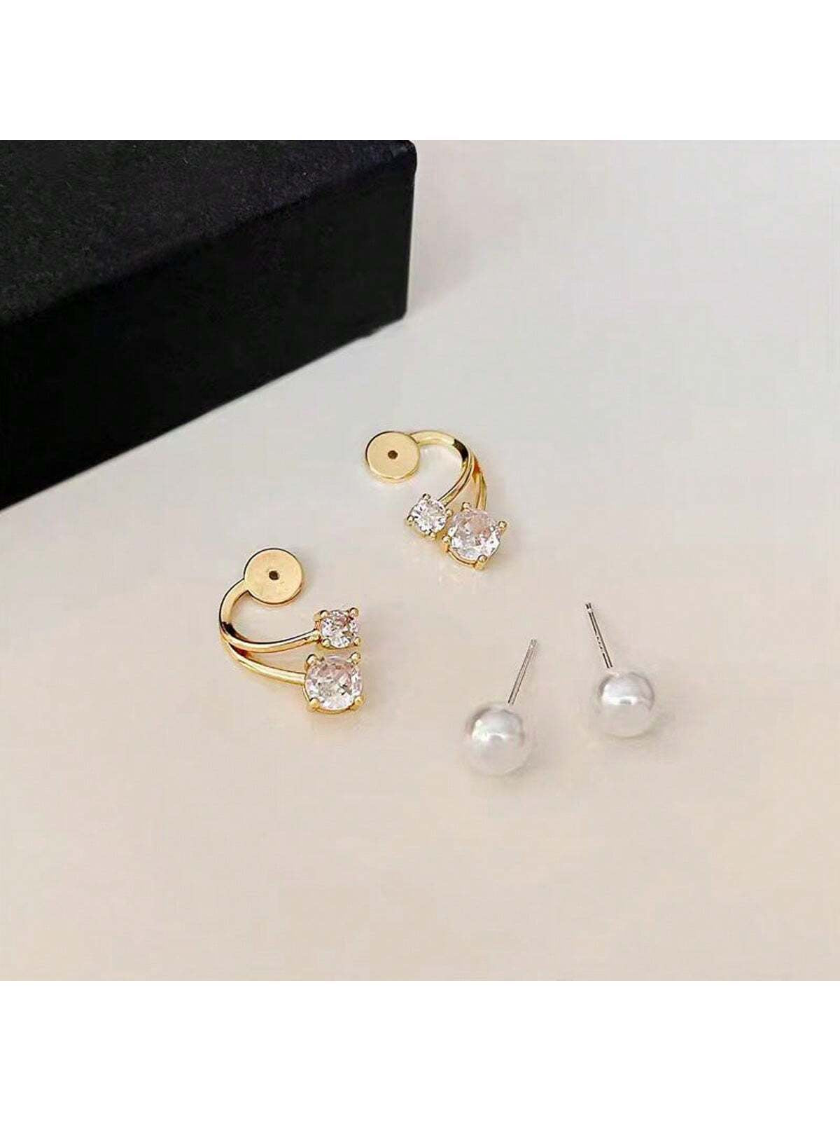 1Pair Fashionable European & American Style Faux Pearl Earrings with Rhinestone Detail & Unique Back Design, Elegant Ear Jewelry for Women'S Daily Wear