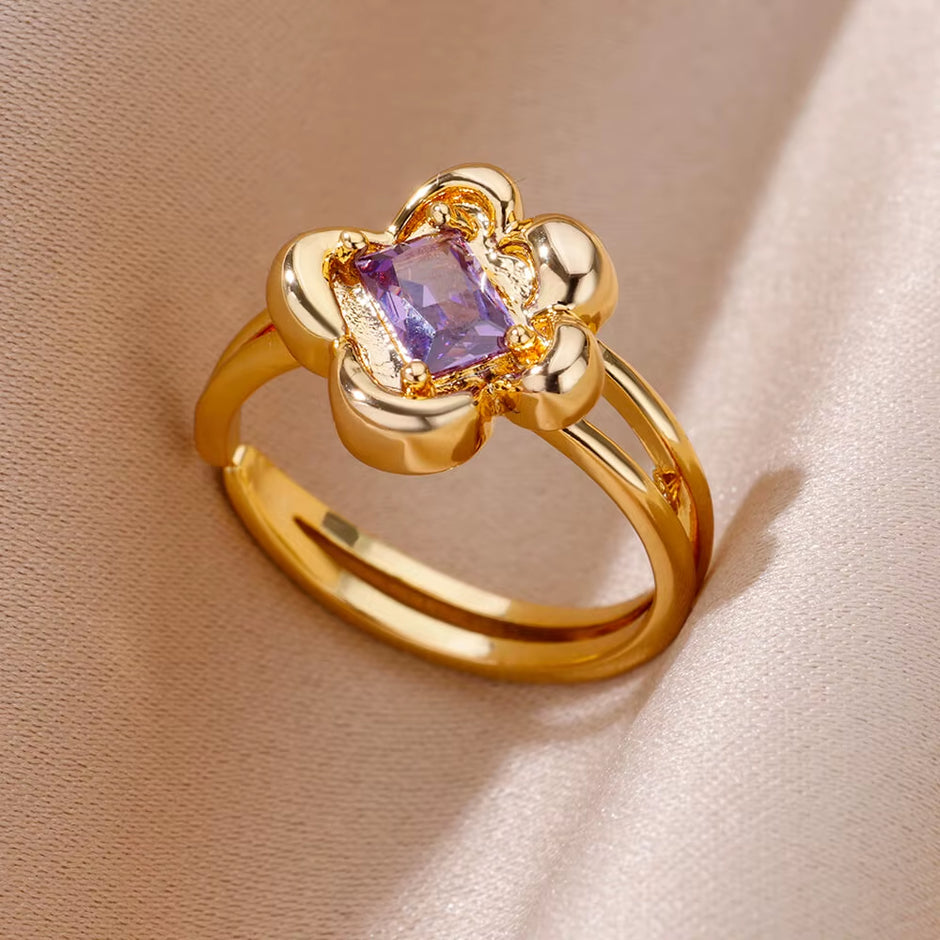 Zircon Rings for Women 18K Gold Color Jewelry Stainless Steel Fashion Accessories Irregular Flower Love Adjustable Couple Rings