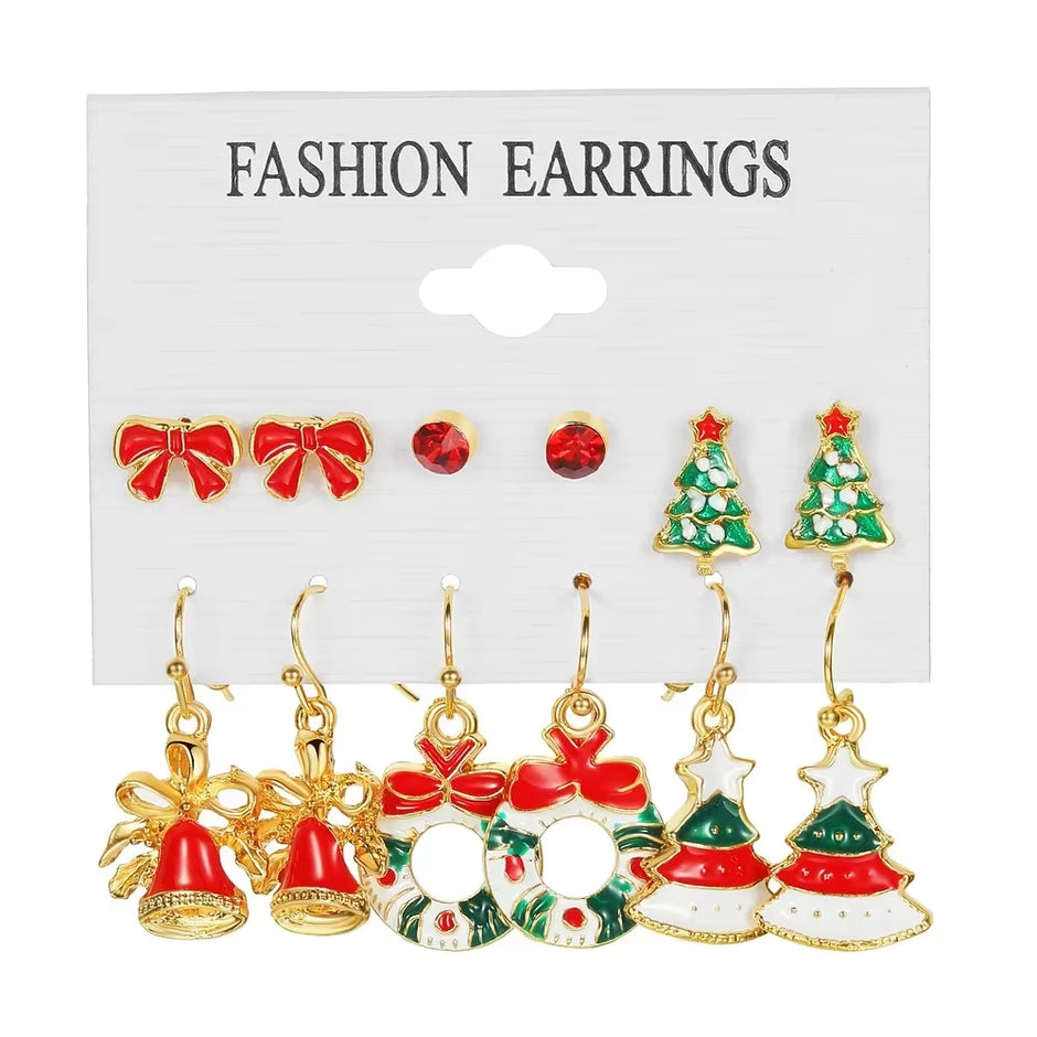 Fashion Cartoon Christmas Earring Set Female Snowflake Tree Snowman Bell Earring Fashion Christmas Ball Earring Jewelry Gifts
